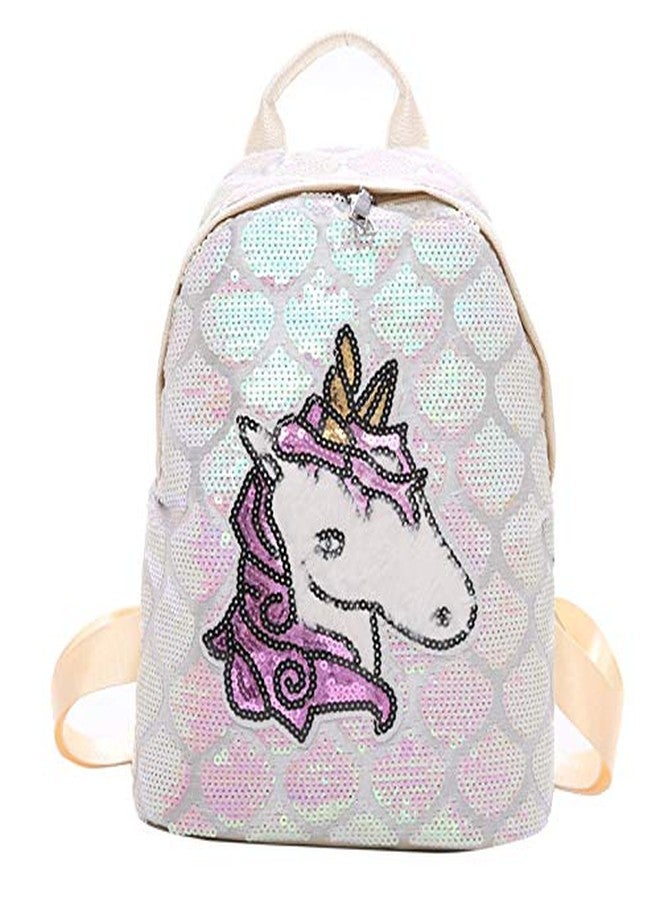 موكا حقيبة ظهر مزينة بالترتر بتصميم حورية البحر وحيد القرن، حقيبة ظهر يومية للبنات الصغيرات، حقيبة ظهر كبيرة مزينة بالترتر للسفر والنزهات الخارجية والمدرسة والجامعة والحفلات (أبيض) - Image 1